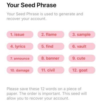 Exemplo de seed phrase. Fonte: ready.io