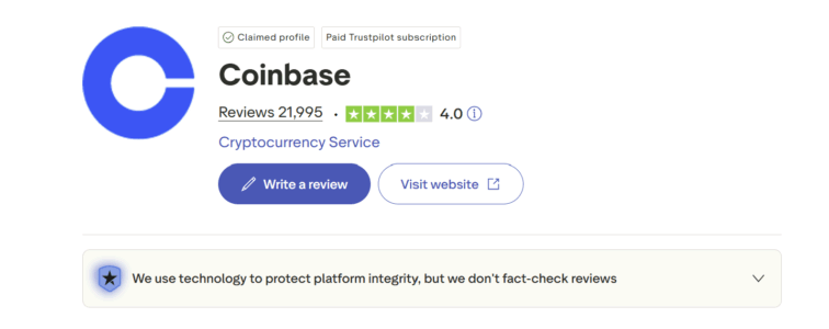 Opiniões dos utilizadores da Trustpilot sobre a Coinbase