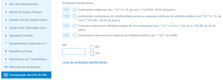 Quadro 11 - Consignação de 0,5% do IRS