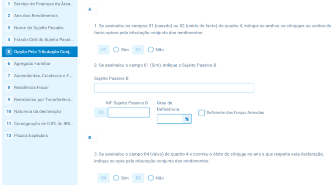 Quadro 5 - opção pela tributação conjunta dos rendimentos