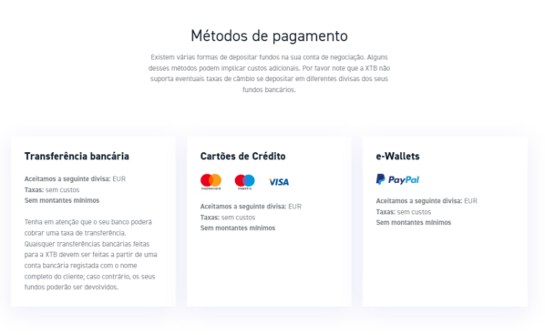 Métodos de pagamento da XTB