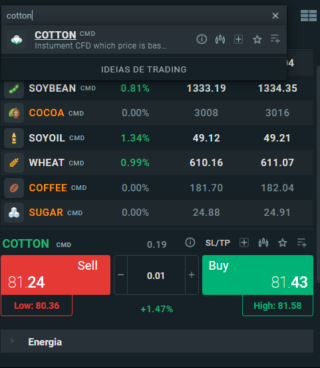 encontrar algodão na `plataforma Xstation da XTB
