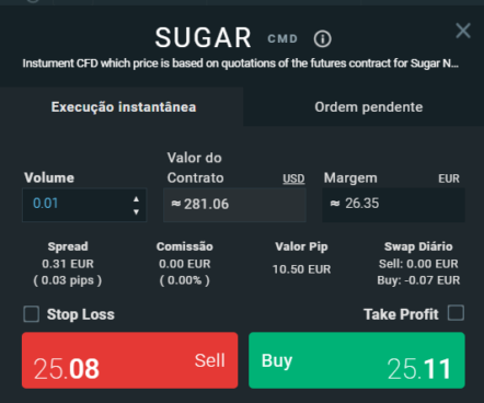 comprar açúcar na XTB