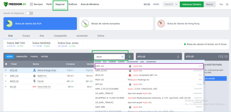procurar ações apple na freedom24