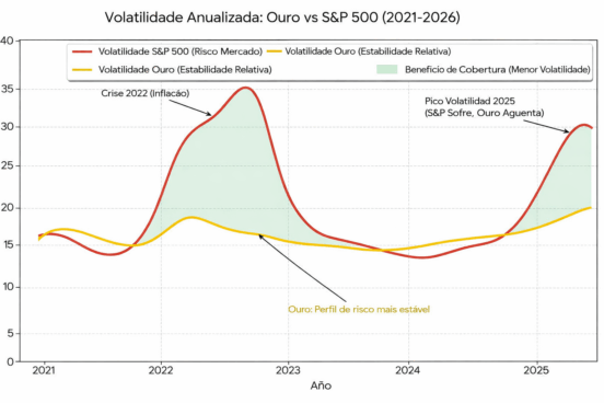 Comparação da volatilidade anualizada do ouro e do S&P 500, evidenciando o comportamento do ouro em momentos de maior instabilidade.