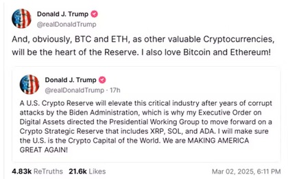Trump anuncia a criação de uma reserva estratégica de criptomoedas nos EUA através da sua própria rede social