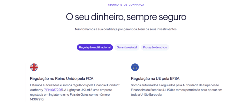 A Lightyear é regulada pela FCA (Reino Unido) e pela Finantsinspektsioon (Estónia)