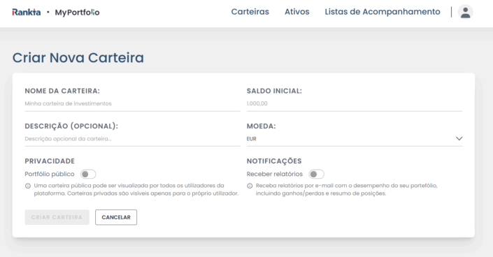 criar nova carteira myportfolio