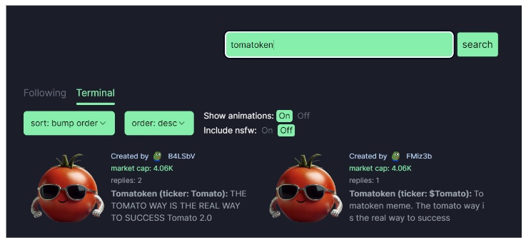 Token "tomatoken" criado em pump.fun | Fonte: pump.fun