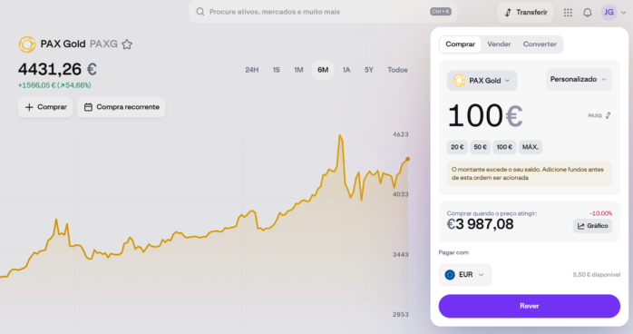 Definir a ordem de compra sobre ouro tokenizado