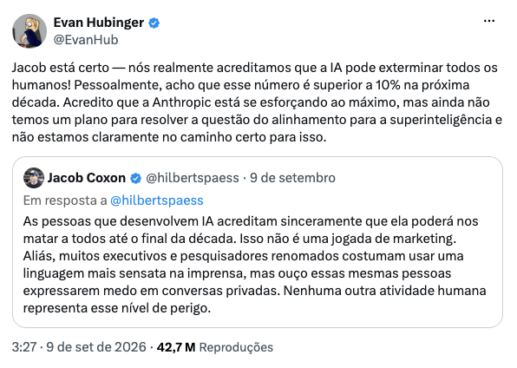 tweet de jacob coxon e evan hubinger sobre o fim da humanidaded pela inteligencia artificial